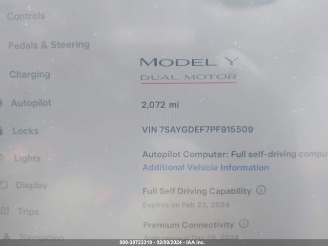 2023 TESLA MODEL Y AWD/PERFORMANCE DUAL MOTOR ALL-WHEEL DRIVE VIN: 7SAYGDEF7PF915509