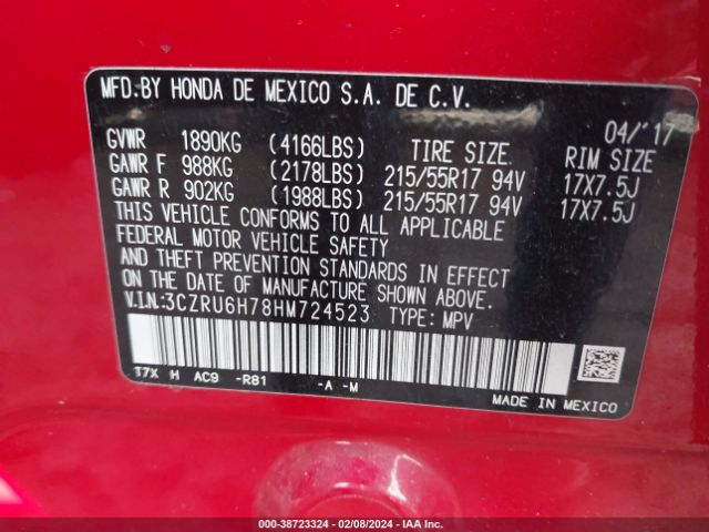 3CZRU6H78HM724523 Honda Hr-v Ex-l