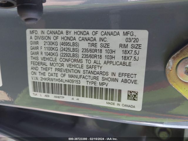 2HKRW1H54LH409153 Honda Cr-v 2wd Ex