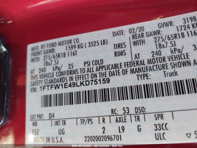 1FTFW1E49LKD75159 Ford F-150 Xlt