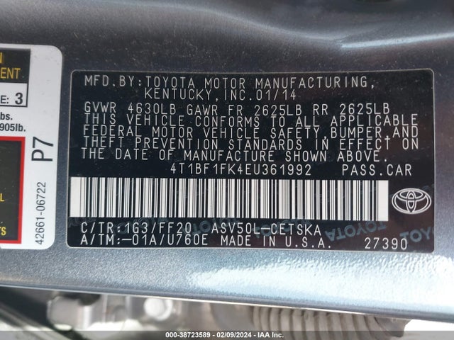 2014 TOYOTA CAMRY SE VIN: 4T1BF1FK4EU361992
