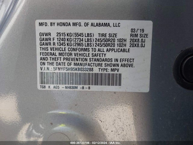 Honda Pilot Touring 2019 5FNYF5H95KB033288 Image 9