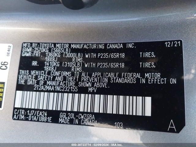 Lexus RX 350 2022 2T2AZMAA1NC232155 Image 9