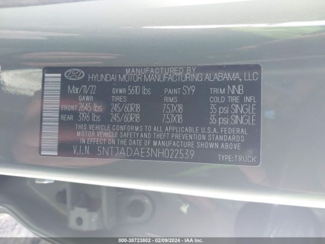 5NTJADAE3NH022539 Hyundai Santa Cruz Se