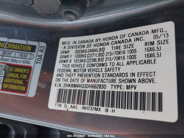 2013 HONDA CR-V LX VIN: 2HKRM4H33DH662830