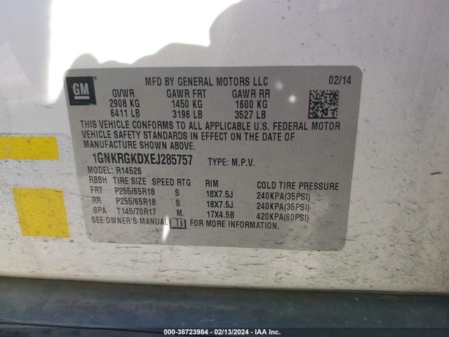 Chevrolet Traverse 1lt 2014 1GNKRGKDXEJ285757 Image 9
