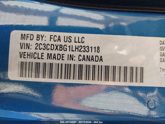 2020 Dodge Charger Sxt Rwd მანქანა იყიდება აუქციონზე, vin: 2C3CDXBG1LH233118, აუქციონის ნომერი: 38724007