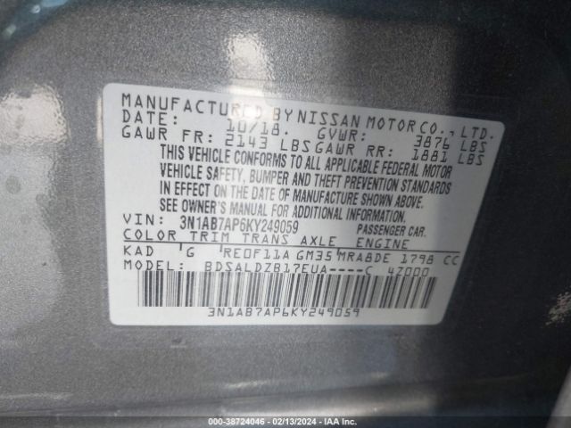 3N1AB7AP6KY249059 Nissan SENTRA SV