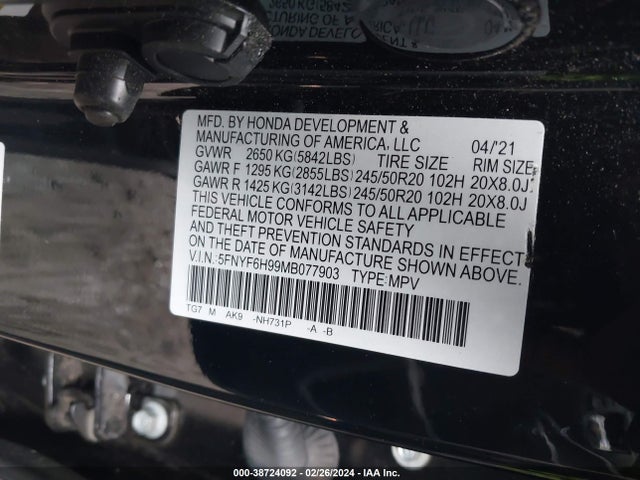 Honda Pilot Awd Touring 8 Passenger 2021 5FNYF6H99MB077903 Image 9
