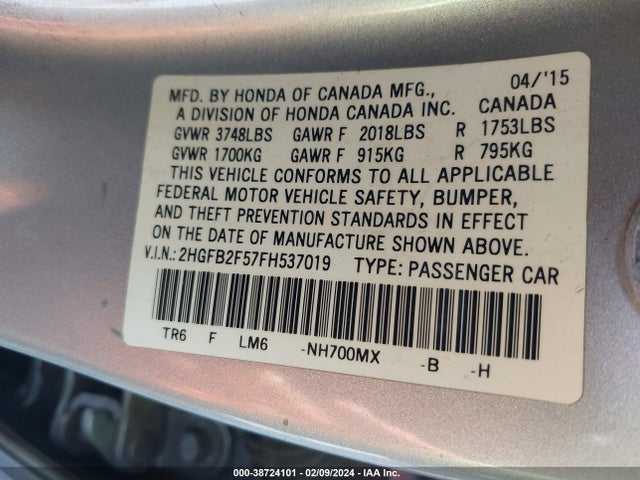 Honda Civic Lx 2015 2HGFB2F57FH537019 Image 9