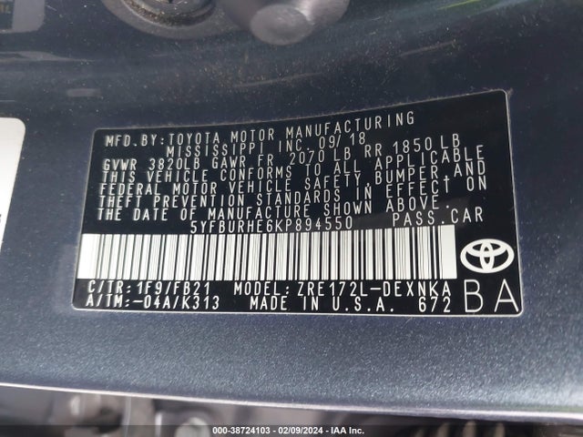 Toyota COROLLA LE 2019 5YFBURHE6KP894550 Image 9