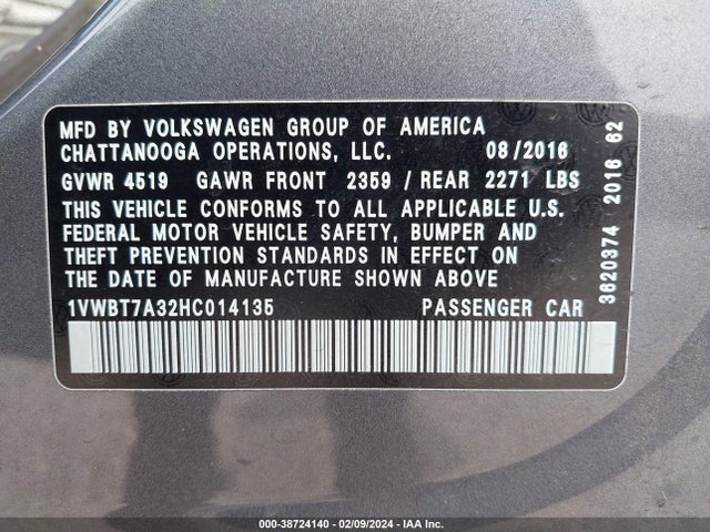 2017 Volkswagen Passat 1.8t Se მანქანა იყიდება აუქციონზე, vin: 1VWBT7A32HC014135, აუქციონის ნომერი: 38724140