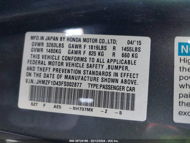 Honda CR-Z 2015 JHMZF1D43FS002877 Image 9