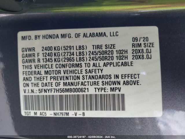 5FNYF7H56MB000621 Honda Passport 2wd Ex-l