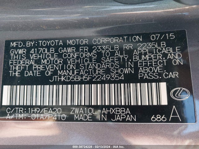 JTHKD5BH5F2249354 Lexus CT 200H