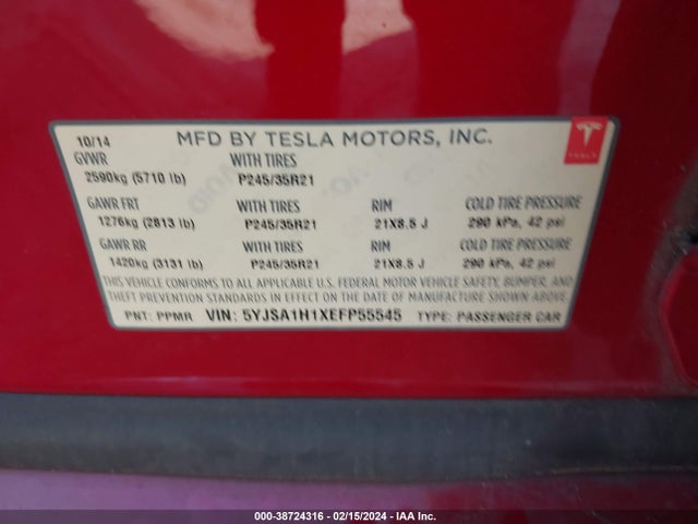5YJSA1H1XEFP55545 Tesla Model S P85