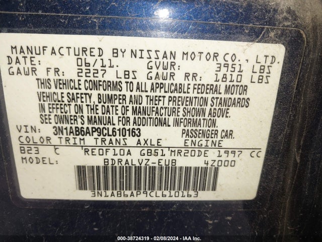 2012 NISSAN SENTRA 2.0 SL VIN: 3N1AB6AP9CL610163