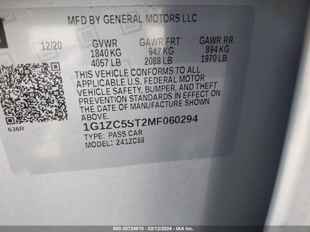 2021 CHEVROLET MALIBU FWD 1FL VIN: 1G1ZC5ST2MF060294