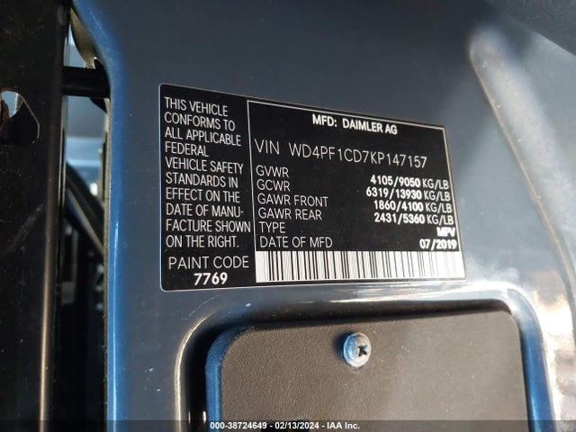 2019 MERCEDES-BENZ SPRINTER 2500 HIGH ROOF V6 VIN: WD4PF1CD7KP147157