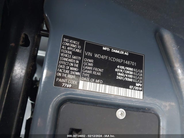 2019 MERCEDES-BENZ SPRINTER 2500 HIGH ROOF V6 VIN: WD4PF1CD9KP148701