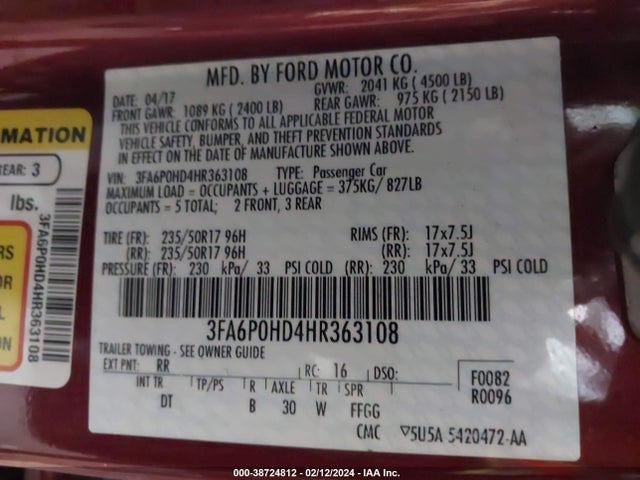 Ford FUSION SE 2017 3FA6P0HD4HR363108 Image 9