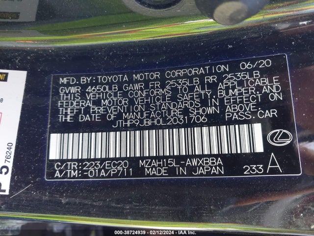 JTHP9JBH0L2031706 Lexus UX 250H