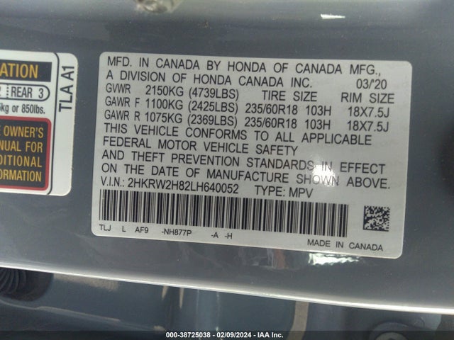 Honda Cr-v Awd Ex-l 2020 2HKRW2H82LH640052 Image 9