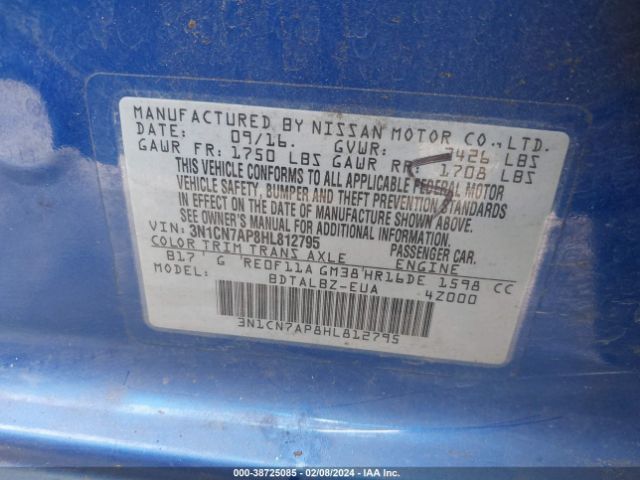 3N1CN7AP8HL812795 Nissan Versa 1.6 S/1.6 S+/1.6 Sl/1.6 Sv