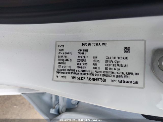 5YJ3E1EA5MF977888 Tesla Model 3 Standard Range Plus Rear-wheel Drive