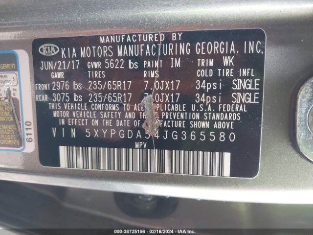 5XYPGDA54JG365580 KIA Sorento 3.3l Lx