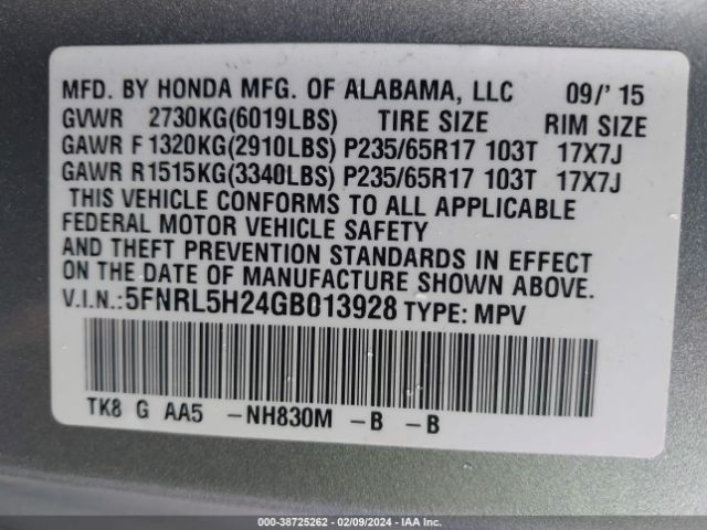 5FNRL5H24GB013928 Honda ODYSSEY LX