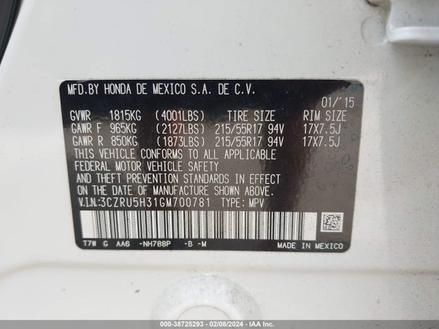 Honda HR-V LX 2016 3CZRU5H31GM700781 Image 9