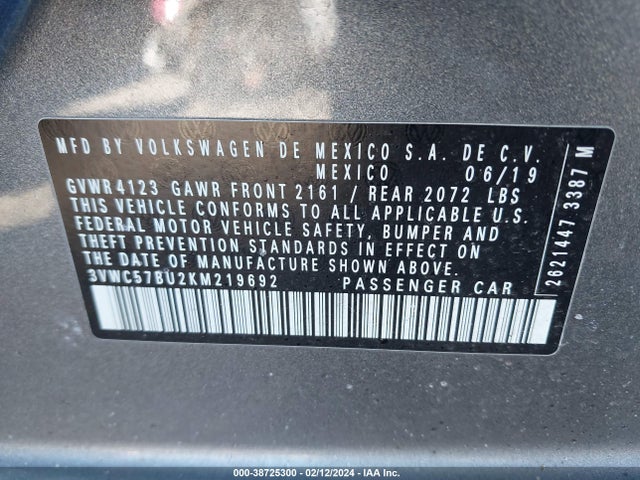 2019 VOLKSWAGEN JETTA 1.4T R-LINE/1.4T S/1.4T SE VIN: 3VWC57BU2KM219692