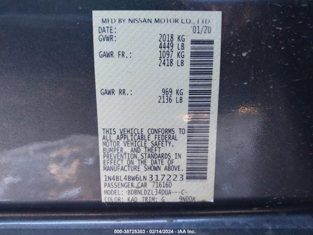 1N4BL4BW6LN317223 Nissan Altima S Intelligent Awd