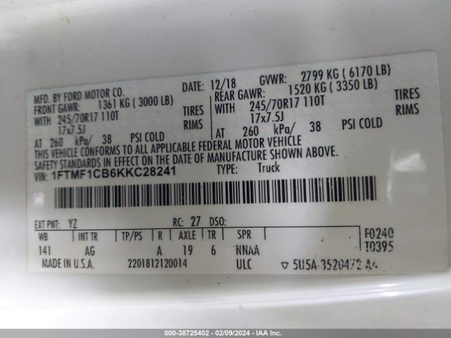 1FTMF1CB6KKC28241 Ford F-150 Xl