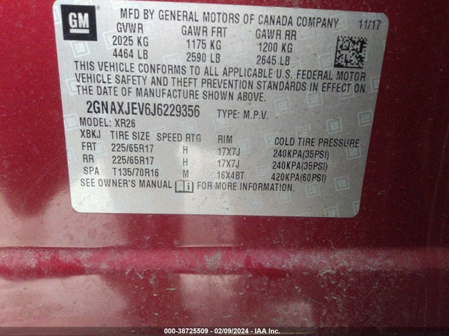 Chevrolet EQUINOX LT 2018 2GNAXJEV6J6229356 Image 9