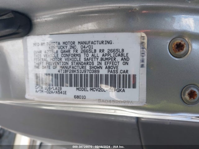 2001 TOYOTA CAMRY XLE VIN: 4T1BF28K51U970389