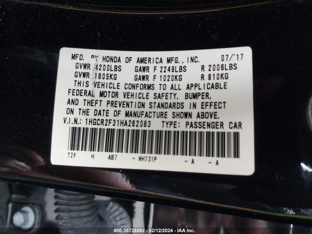 Honda ACCORD LX 2017 1HGCR2F31HA262083 Image 9