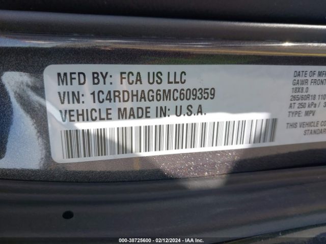 1C4RDHAG6MC609359 Dodge Durango Sxt Rwd