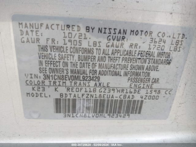 3N1CN8EV0ML923429 Nissan Versa Sv Xtronic Cvt