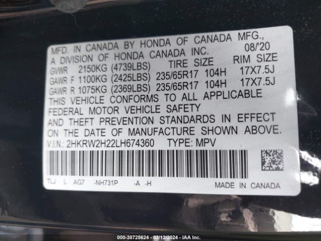 2HKRW2H22LH674360 Honda Cr-v Awd Lx