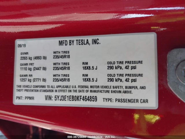Tesla Model 3 Long Range/performance 2019 5YJ3E1EB0KF464859 Image 9