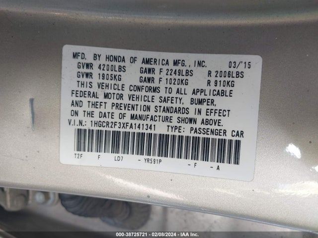 Honda ACCORD LX 2015 1HGCR2F3XFA141341 Image 9