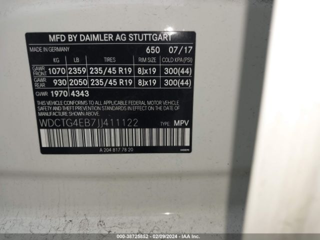 WDCTG4EB7JJ411122 Mercedes-Benz GLA 250