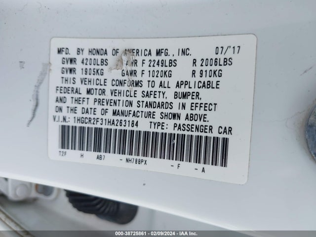 Honda ACCORD LX 2017 1HGCR2F31HA263184 Image 9