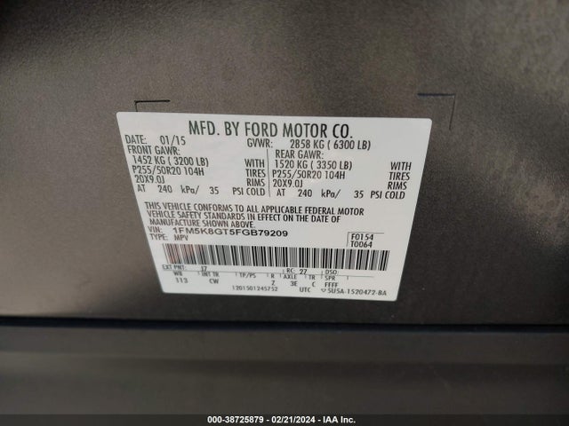 Ford EXPLORER SPORT 2015 1FM5K8GT5FGB79209 Image 9