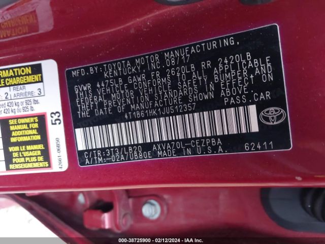 4T1B61HK1JU512357 Toyota CAMRY XSE