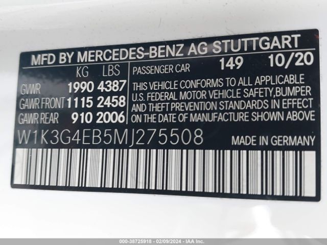 W1K3G4EB5MJ275508 Mercedes-Benz A 220