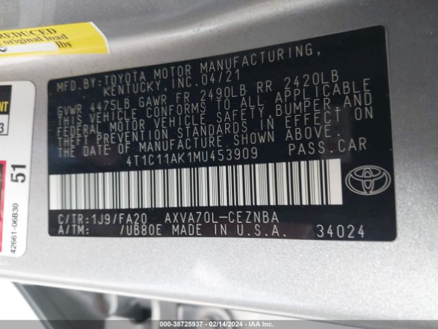 4T1C11AK1MU453909 Toyota CAMRY LE