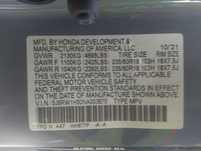 5J6RW1H50NA003875 Honda Cr-v 2wd Ex